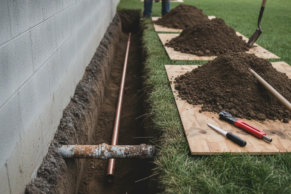 Excavated water line trench during Water Heater Repair in Saint Gabriel